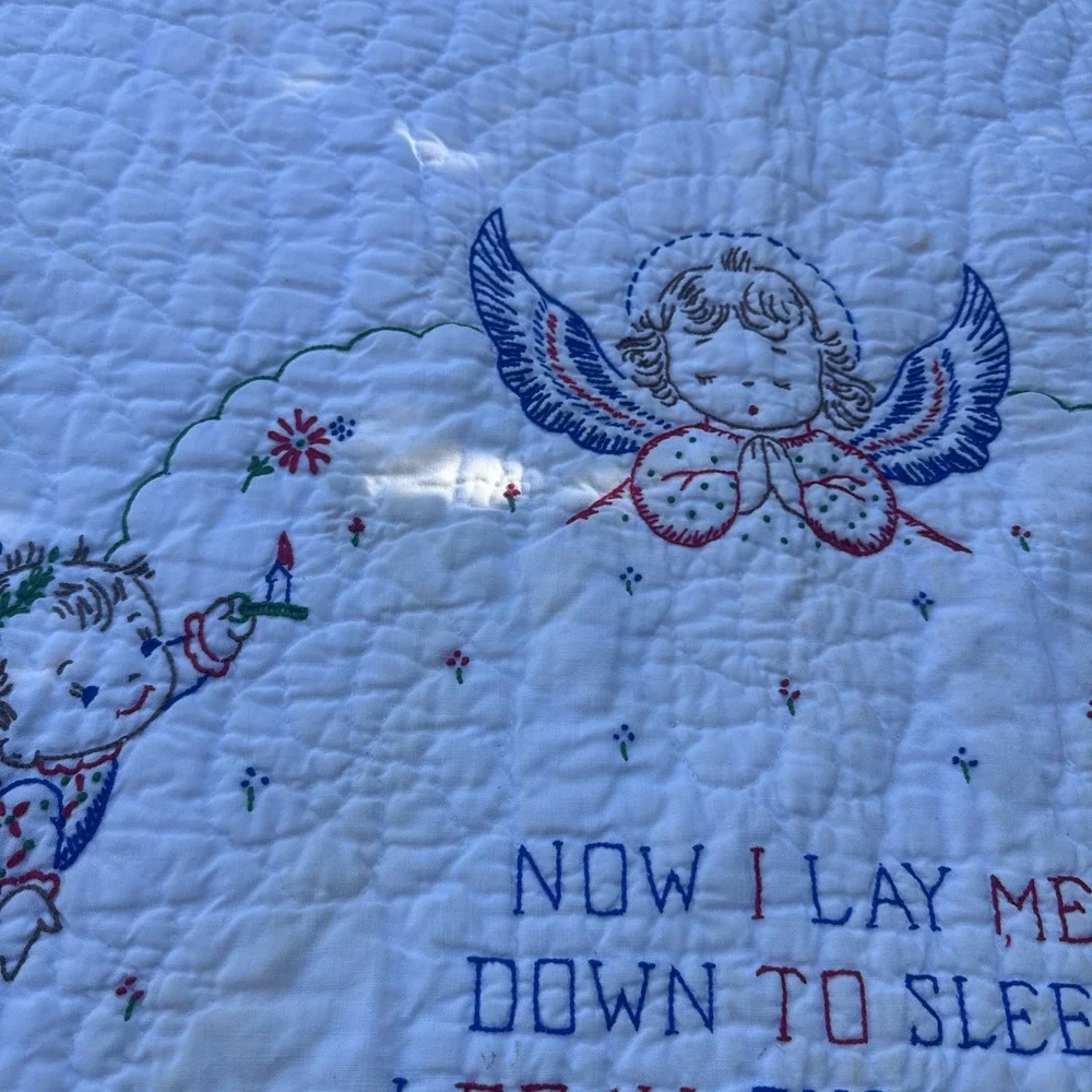 VTG Baby Crib Prayer Blanket 33x46 Angels Now I Lay Me Down To Sleep Embroidered